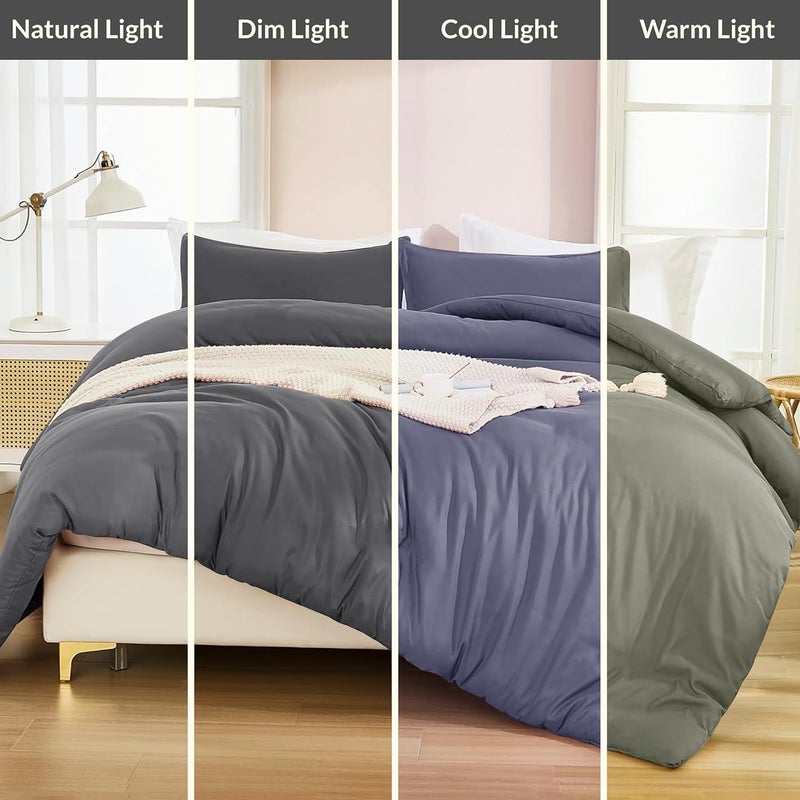 MOONLIGHT20015 Double Bedding Set 4 Piece Duvet Cover Fitted Sheet with Pillow cases Soft Brushed Microfiber Duvet Cover sets Grey - Image 4