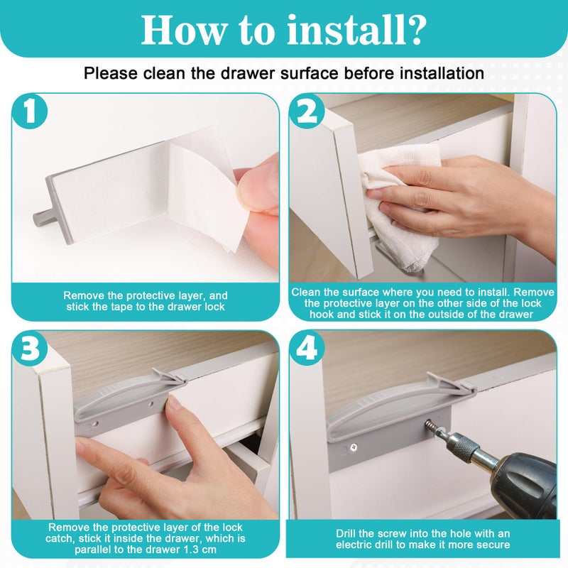 Coolrunner Thickened Version Child Safety Drawer Locks, 8 Pack Safety Invisible Drawer Latches with Strong Adhesive and Screw for Baby Care, Only fit for Some Drawers, Please See Below Before Buying - Image 5
