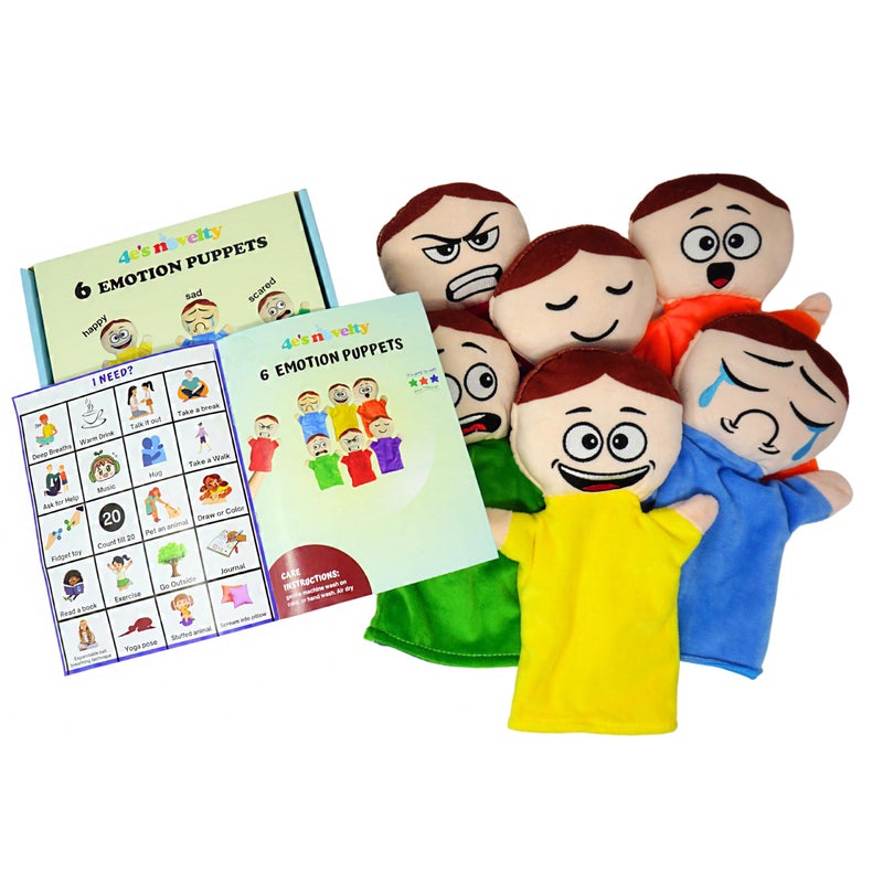 4E's Novelty Feeling Hand Puppets for Kids with 6 Emotions, with Moveable Arms, Soft Plush Hand Puppets for Toddlers, Early Education Toys, Social Emotional Learning Activities - Pack of 6 - Image 2