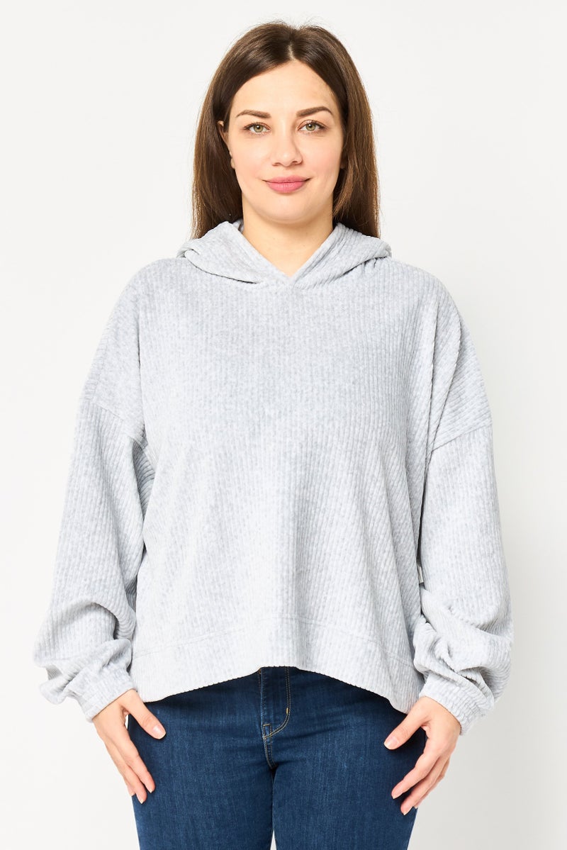 Aerie Women Corduroy Long Sleeve Hoodie, Light Grey - Image 1