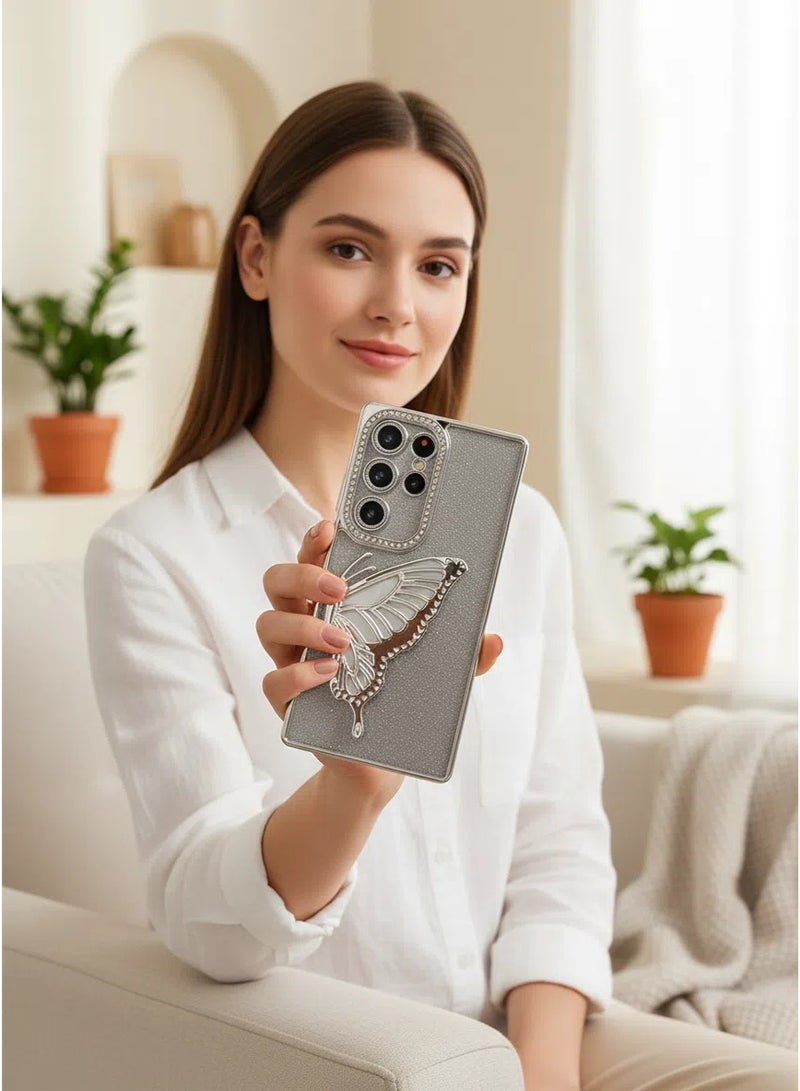غطاء سامسونج جالاكسي S24 Ultra مع حامل فراشة، 【مقاوم للاصفرار】 شفاف تماماً وذو حماية عسكرية متينة، مع وسائد هوائية مضادة للصدمات، غطاء خلفي فائق النحافة لسامسونج جالاكسي S24 Ultra —— فضي - Image 2