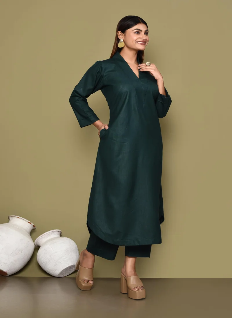 ZERESOUQ Solid Bottle Green Cotton Slub 2-Piece Kurta Set
