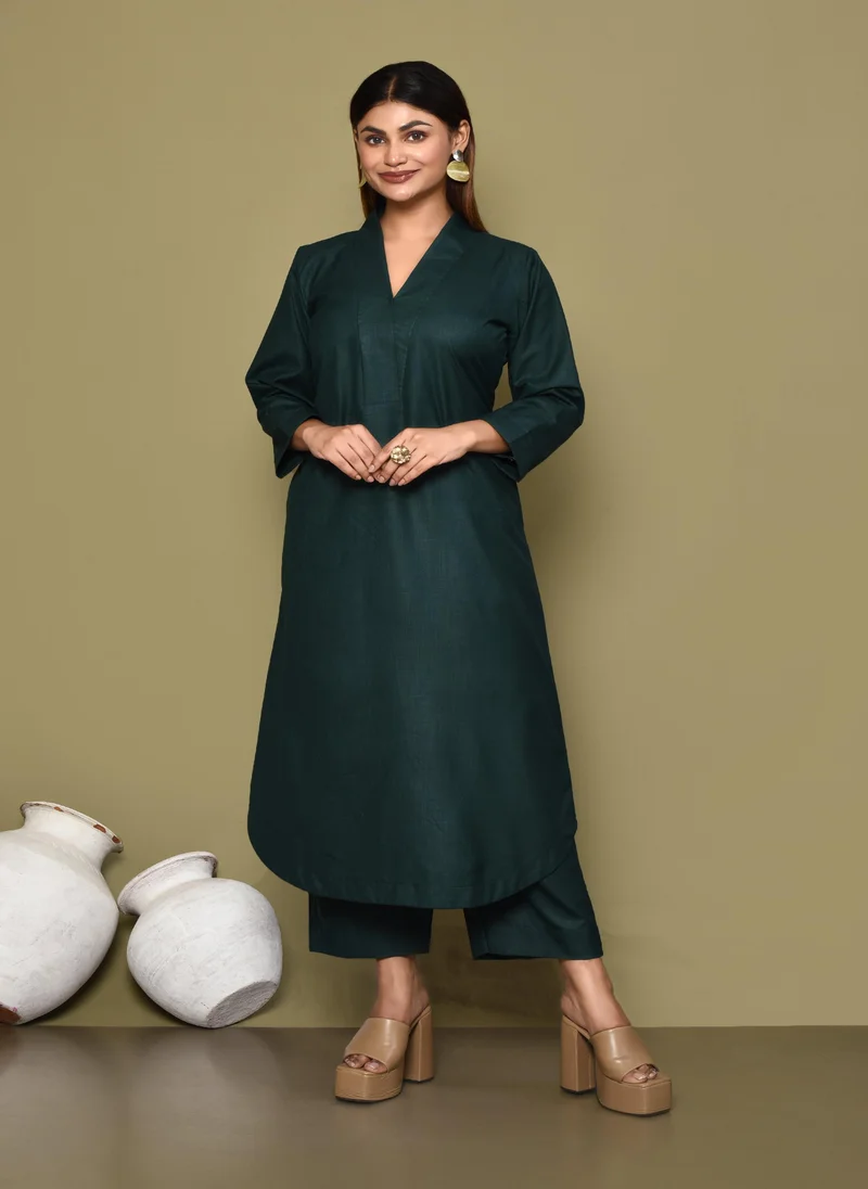 ZERESOUQ Solid Bottle Green Cotton Slub 2-Piece Kurta Set