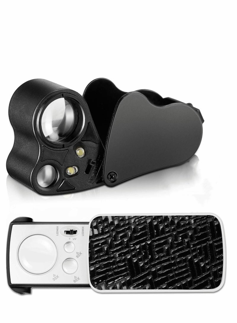 Excefore 2 Pieces Jewelers Loupe 30X 60X 90X Illuminated Jewelers Eye Loupe Magnifier Jewelry Magnifying Glass Loop with UV Black Light and Bright LED Light for Jewelry Diamond Gem Coin Stamp Rock - Image 1