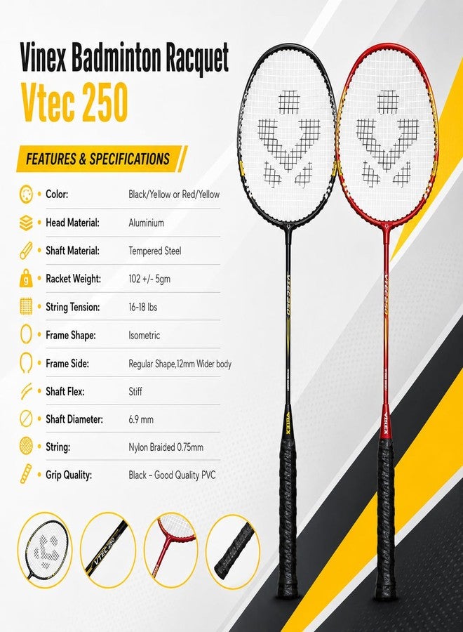 فينكس مجموعة مضارب تنس الريشة Vinex VTEC 250 (قطعتان) | رأس من الألومنيوم وعمود من الفولاذ المقوى | خفيف الوزن 102 غرام | مرونة صلبة | مضرب تنس ريشة متين للمبتدئين والتدريب | برتقالي | بدون حقيبة حمل - Image 2