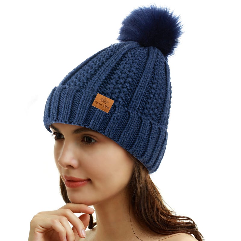 PAGE ONE Womens Winter Thick Cable Knit Beanie Faux Fur Pom Hat Fleece Lined Skull Cap Dark Blue - Image 2
