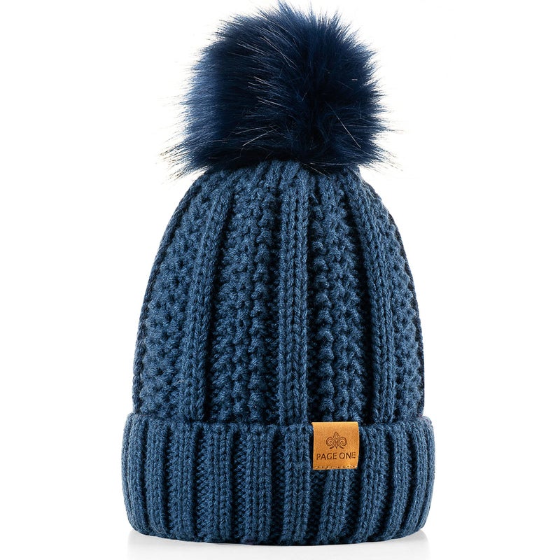 PAGE ONE Womens Winter Thick Cable Knit Beanie Faux Fur Pom Hat Fleece Lined Skull Cap Dark Blue - Image 1