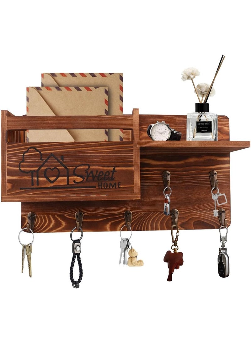 Gocokia Key Hanger Organizer, Mail and Key Holder for Wall Decorative, Wall Shelf with 7 Key Hooks, Wall Mounted Key Hangers with Mailbox, Home Decor (Brown) - Image 1
