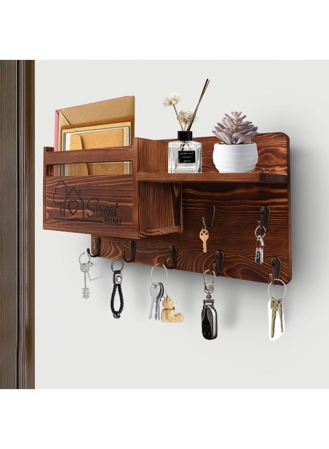 Gocokia Key Hanger Organizer, Mail and Key Holder for Wall Decorative, Wall Shelf with 7 Key Hooks, Wall Mounted Key Hangers with Mailbox, Home Decor (Brown) - Image 4