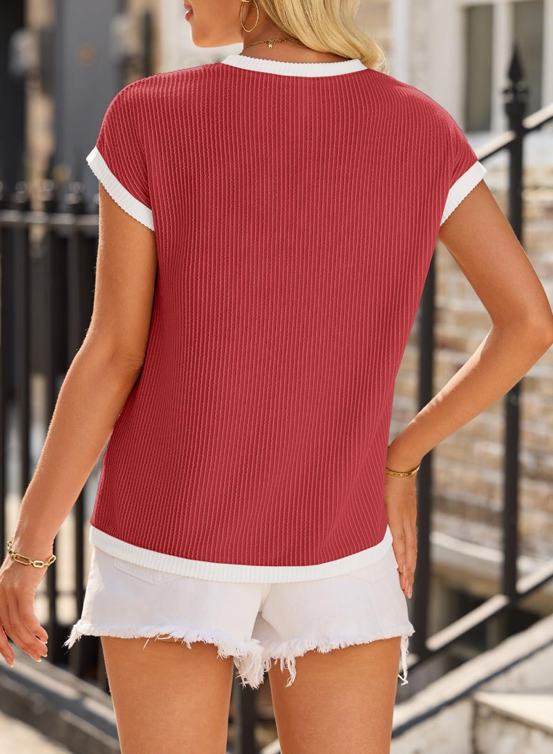 EVALESS Womens Tops Short Sleeve Crewneck Knit T Shirts 2026 Summer Trendy Ribbed Basic Tee Blouses with Pockets Ladies Going Out Casual Tops Spring Clothes Red Large - Image 3