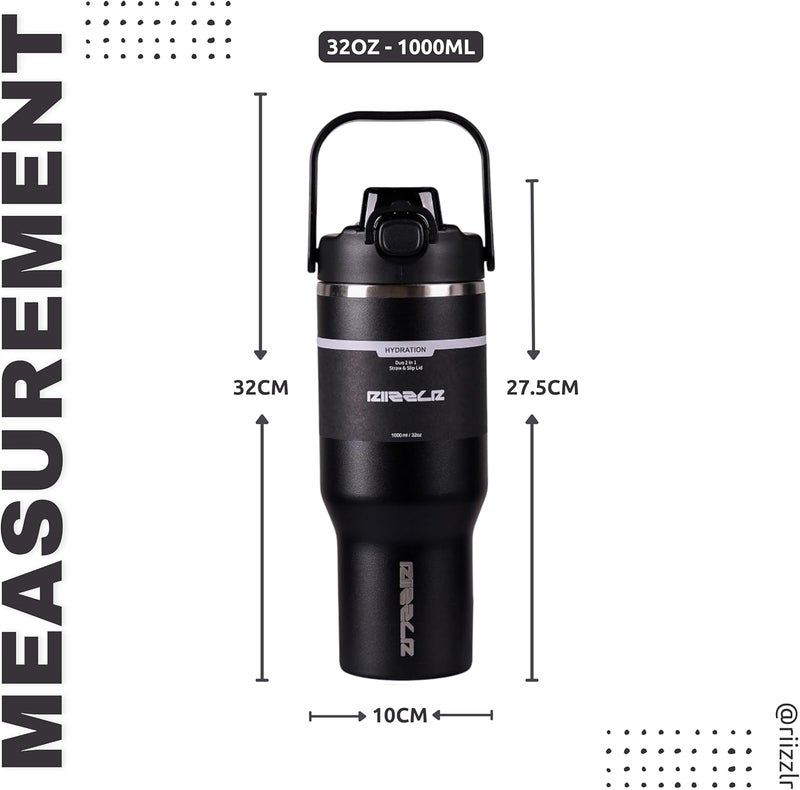 Riizzlr 1000ml Insulated Water Bottle Tumbler with 2-in-1 Straw & Sip Lid – Stainless Steel Vacuum Flask, Double Wall, BPA-Free, Leakproof, Wide Mouth, Keeps Drinks Hot 12H / Cold 24H (Black) - Image 4