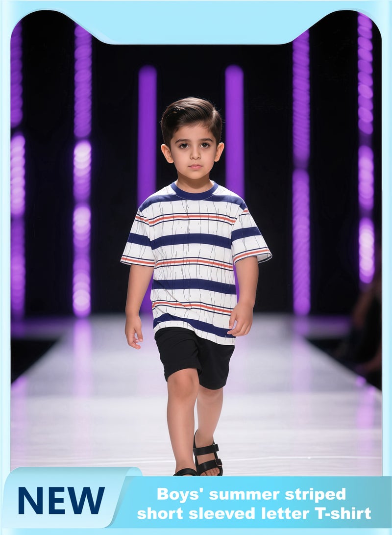 Boys' summer striped short-sleeved letter T-shirts, new 2023 children's fashionable half - sleeved trendy children's clothing tops, cotton T-shirts - Image 1