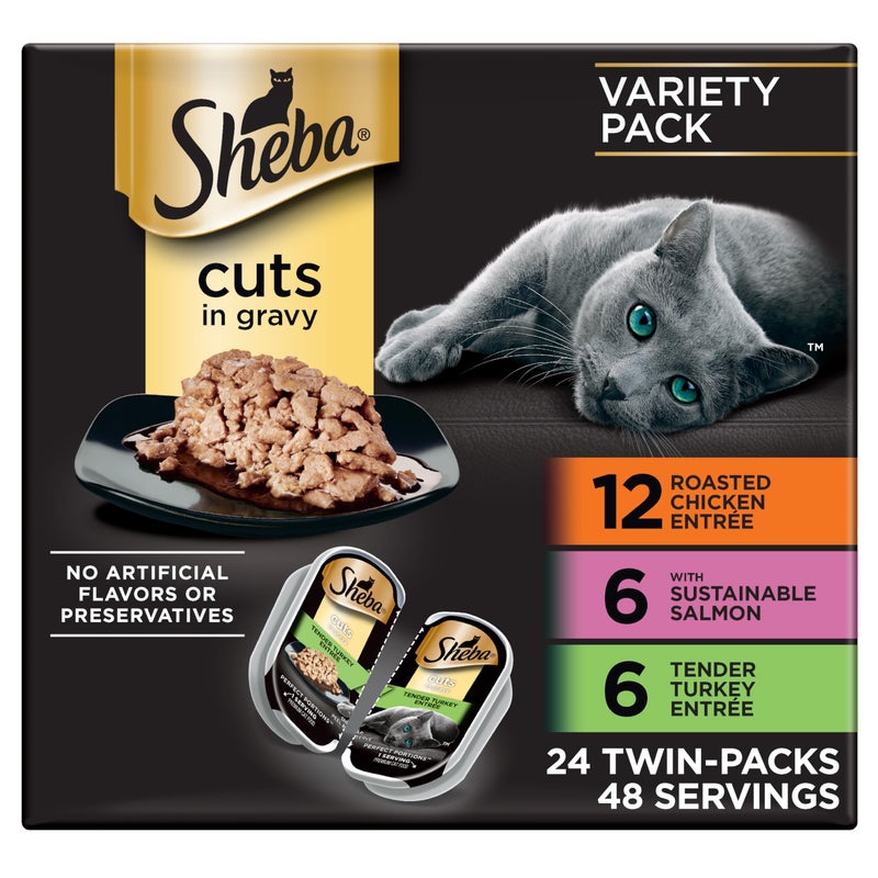 Sheba Perfect Portions Wet Cat Food Cuts in Gravy, Roasted Chicken Entree, with Sustainable Salmon, Tender Turkey Entree, 2.6 oz. Twin-Pack Trays (24 Count, 48 Servings) - Image 1
