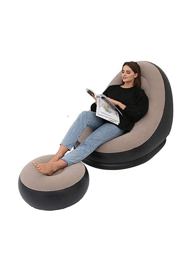 Arabest 2-IN-1 Grey/Black Lounge Sofa Bed Set, Folding Portable Inflatable Lazy Flocking Recliner Chair with Footstool - Great for Pop Up Indoor and Outdoor Balcony, Backyard, Camping, Picnic, RV - Image 1