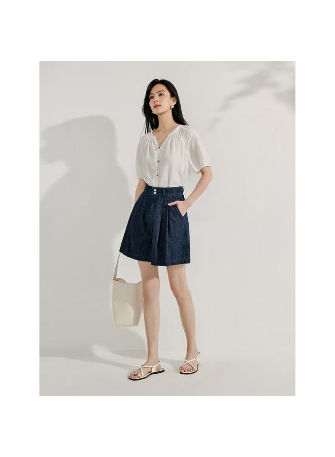 Inman Vintage Flower Bud Wide-leg Denim Shorts Summer Women's A-line Slim Loose Pants Dark Blue 29 - Image 2