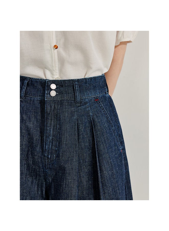 Inman Vintage Flower Bud Wide-leg Denim Shorts Summer Women's A-line Slim Loose Pants Dark Blue 29 - Image 1