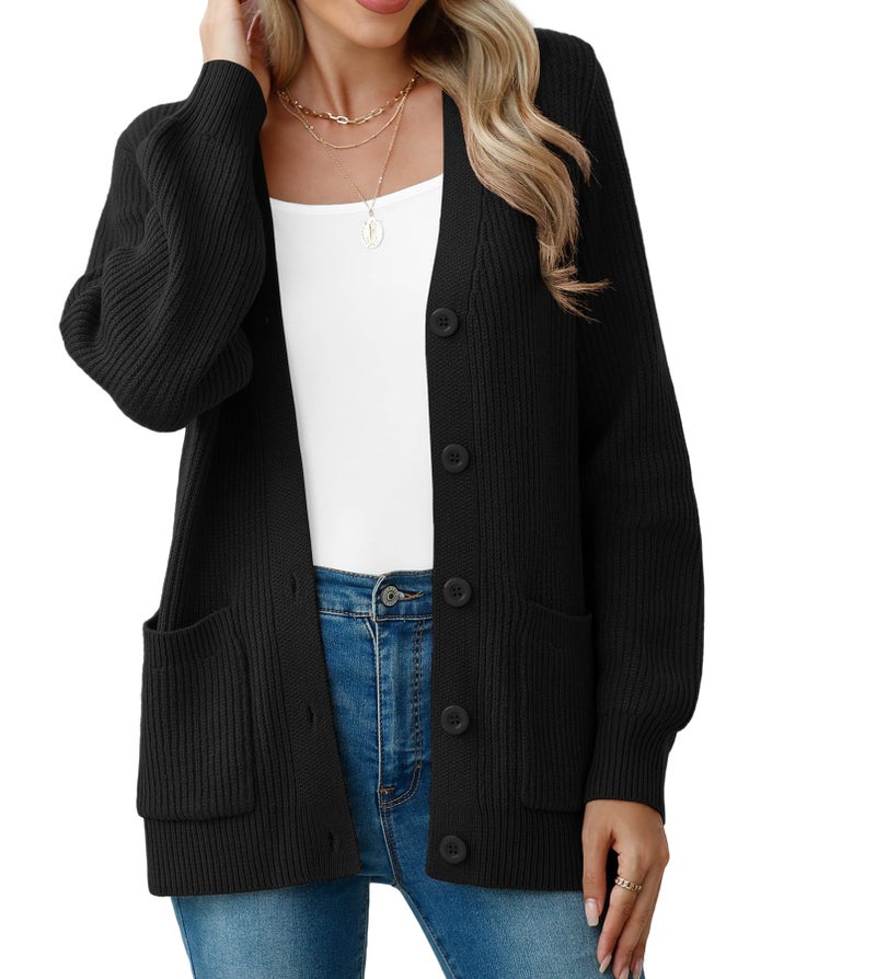VIISHOW Women Chunky Knit Cardigan Sweater Long Sleeve V Neck Button up Cardigan with Pocket Sweater Coat for Fall and Winter,Black,Small - Image 1
