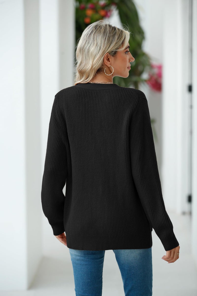 VIISHOW Women Chunky Knit Cardigan Sweater Long Sleeve V Neck Button up Cardigan with Pocket Sweater Coat for Fall and Winter,Black,Small - Image 3