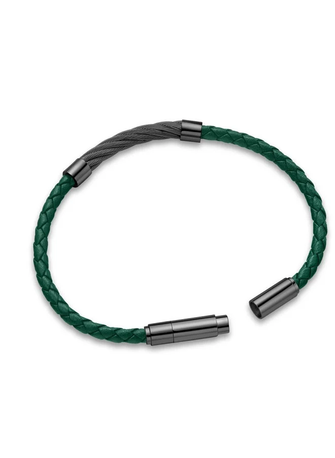 Police Kingpins Green Braided Leather Bracelet for Men