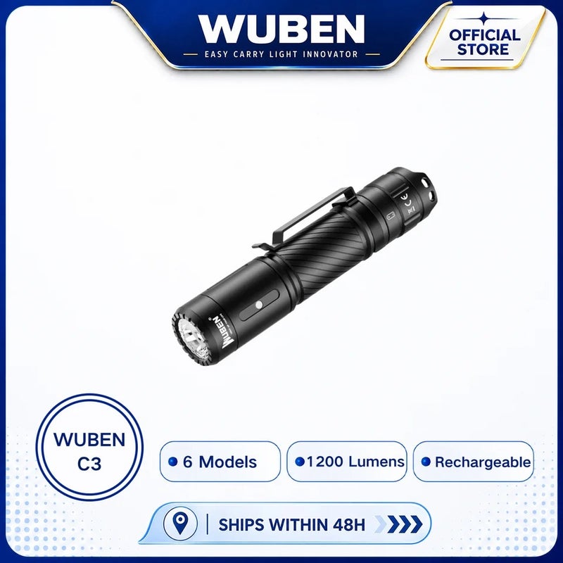وبين مصباح يدوي Wuben C3 Flashlight 1200 High Lumens Rechargeable 6 Modes IP68 Waterproof LED Tactical Flashlight for Camping Hunting - Image 2