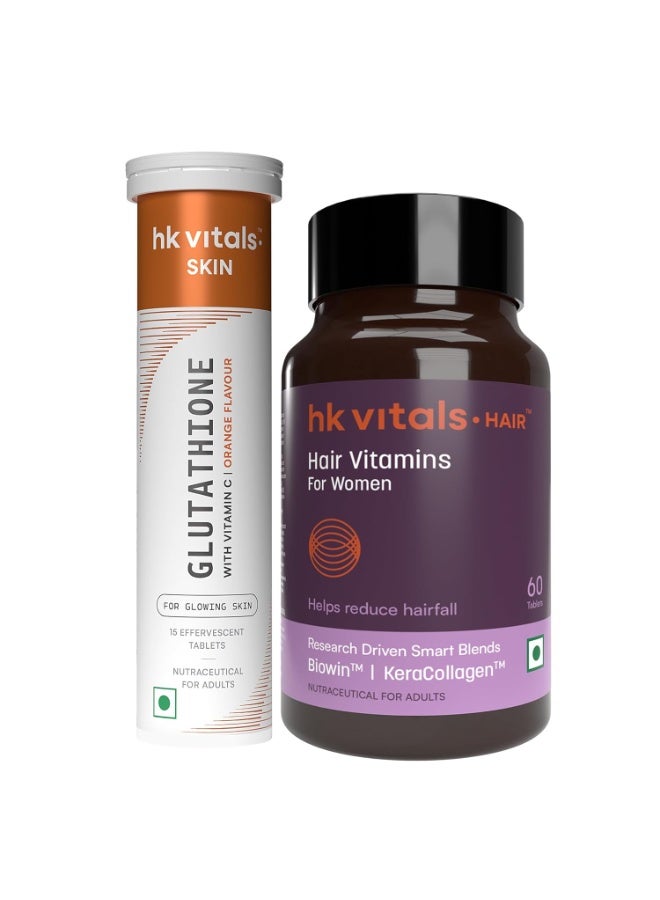 HK Vitals أقراص "HK Vitals" جلوتاثيون (نكهة البرتقال، 15 قرصاً فواراً) مع فيتامينات الشعر للنساء (60 قرصاً) | أقراص إل-جلوتاثيون مع فيتامين C و E | لنضارة البشرة وترطيبها - Image 1