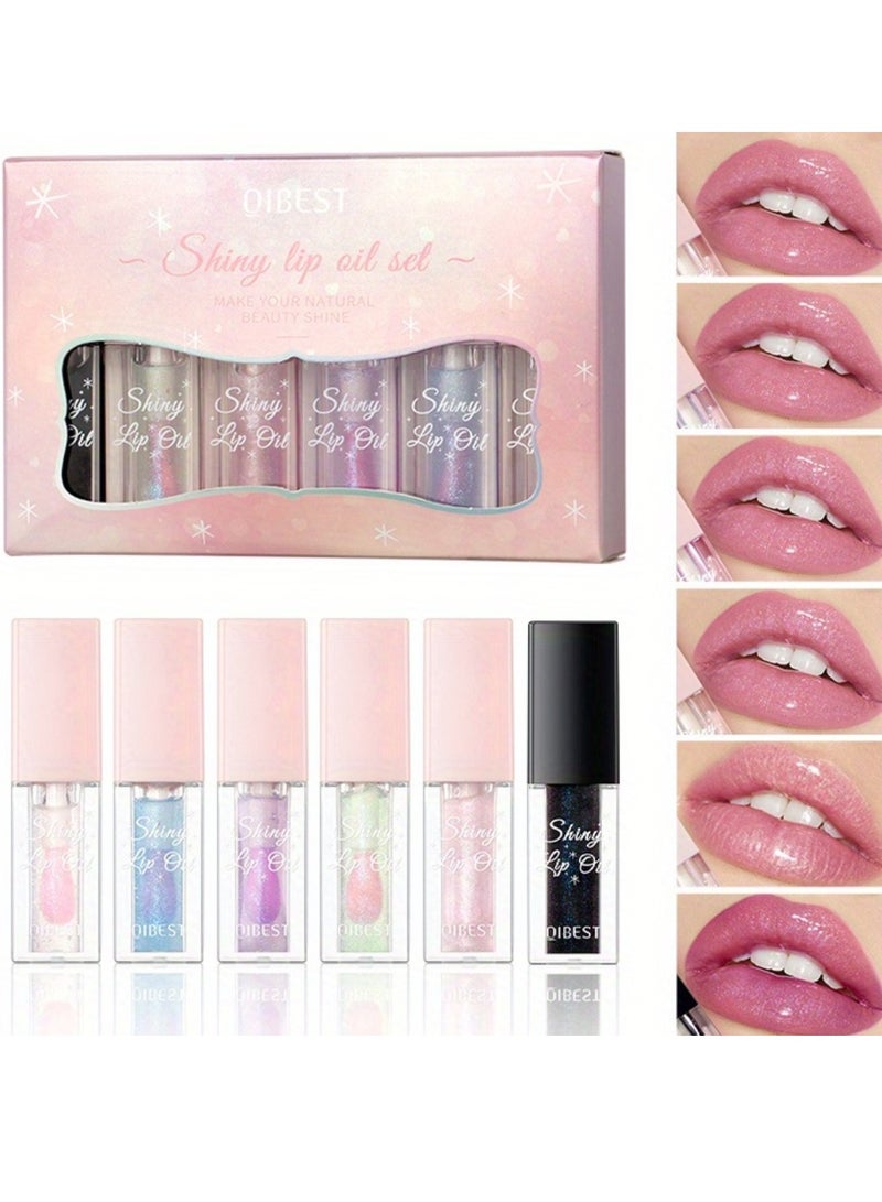 QiBest 6 Colors Shiny Lip Oil Set Lip Oil Lip Gloss Lipstick Set Hydrating Moisturizing Nourishing Smooth Lip Oil with 1 color Changing from Black to Pink Lip Oil Lip Gloss Lipstick Set - Image 1