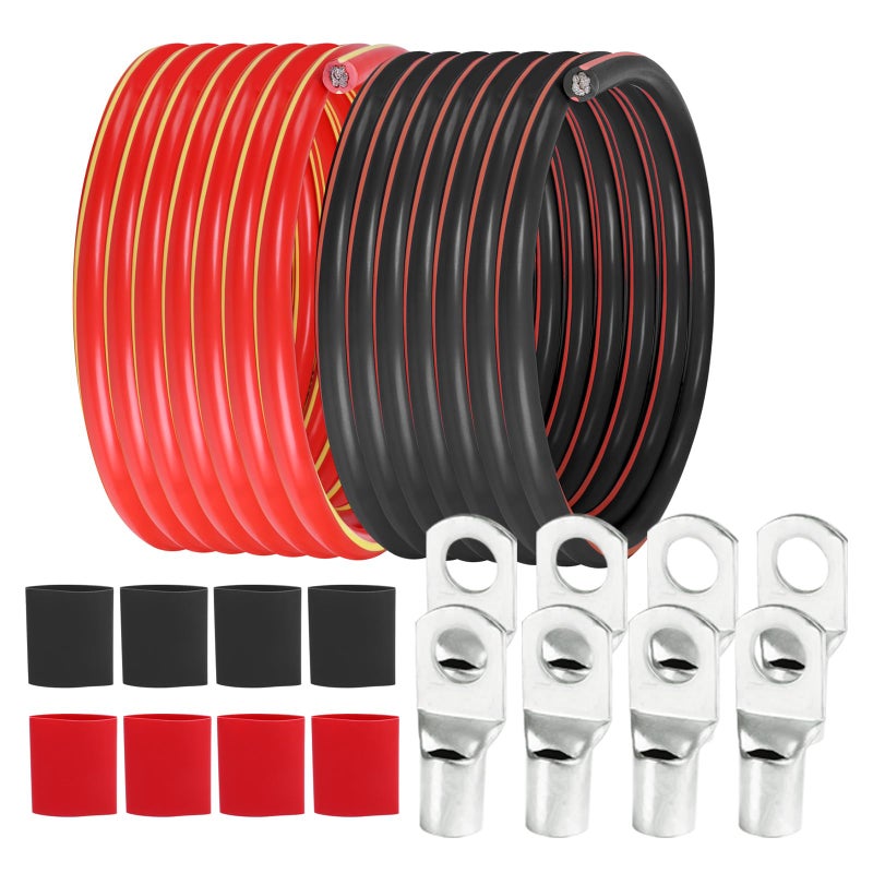 SUNNAREPOON 2 Gauge Battery Cable 12 Feet Black 12 Feet Red  2 AWG Copper Clad Power Welding Wire with M8  M10 SC Connector Lugs for Car Camper RV Solar Low Voltage Inverter Wiring