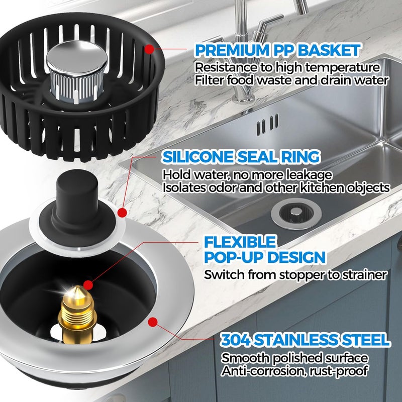 zaa Kitchen Sink Drain Strainer - 2Pack Sink Stopper, Drain Protector, Kitchen Drain Plug & Sink Installation Parts with Anti-Clogging Basket, Fit US Standard 3-1/2'' Sink Drain Hole, Silver - Image 5