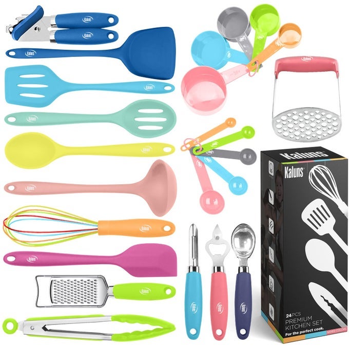 SILICONE KITCHEN UTENSILS SET 24 PCS SILICONE COOKING UTENSILS SET CAN OPENER MASHER TURNER SPATULA 446F HEAT RESISTANT NONSTICK PREMIUM SILICONE AND STAINLESS STEEL UTENSIL SET