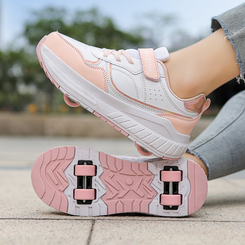 Generic Mob shoes mens and womens four-wheel skates childrens shoes with wheels skates pulley students burst away childrens shoes 188 Pink 