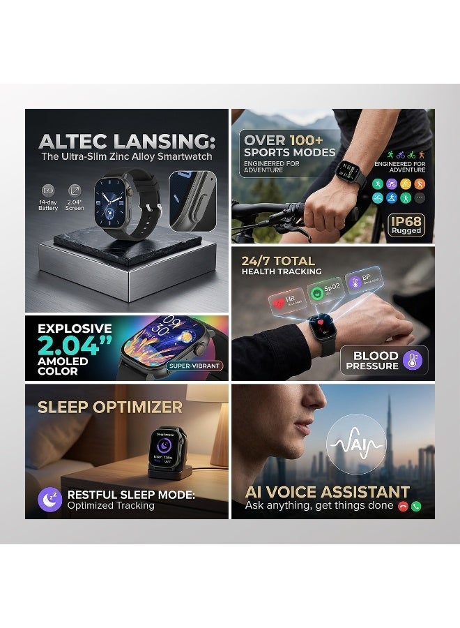 Altec Lansing Quantum Smartwatch, 2.04” AMOLED Display, Bluetooth Calling, 100+ Sports Modes, IP68 Waterproof, DaFit App Support, Black - Image 2