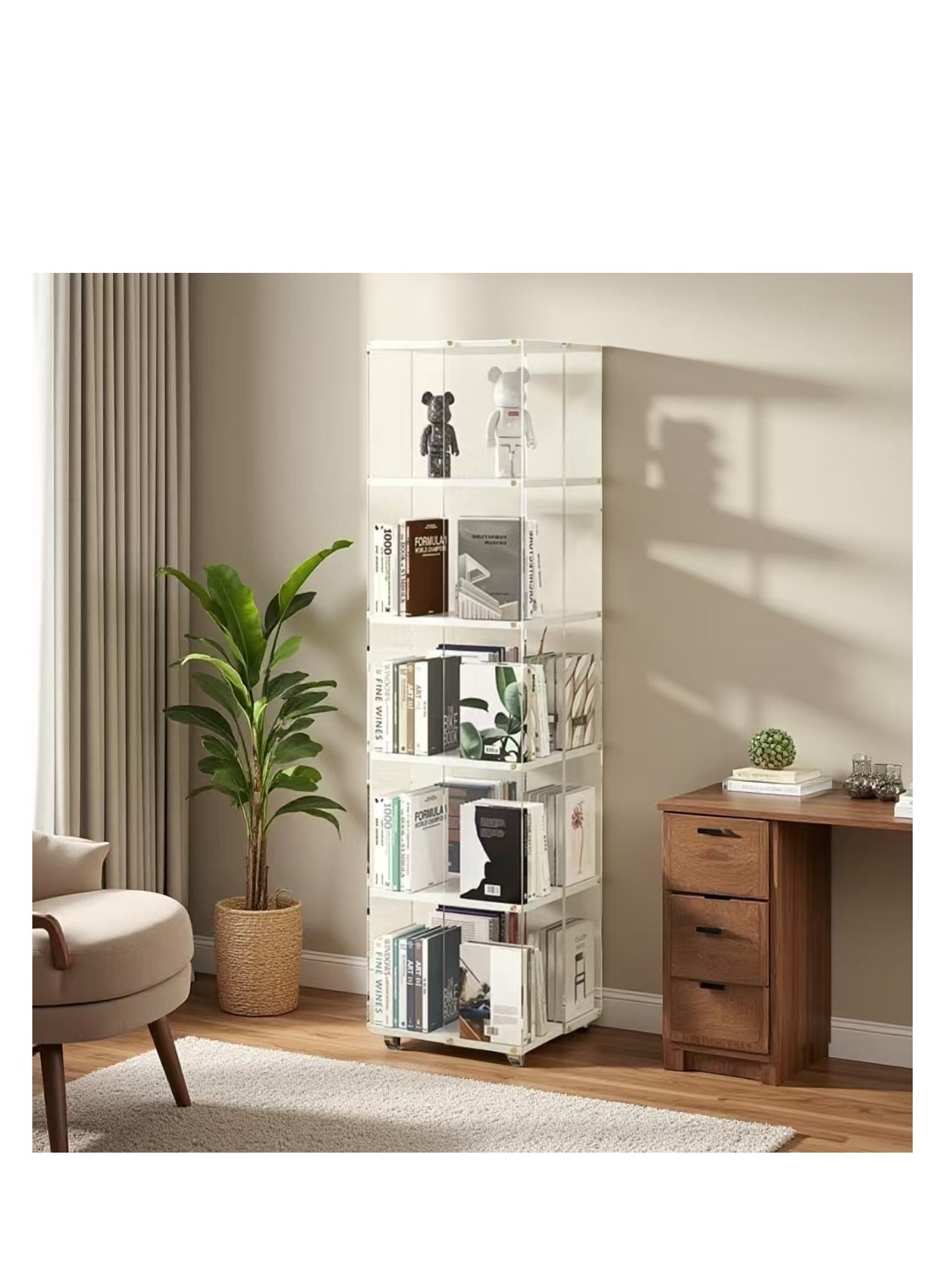 5-Tier 360° Rotating Clear Square Floor-standing Bookshelf, Clear Bookcase, Storage Cabinet, Organizer Cabinet, Toy Display Shelf, Handbag Storage Display Cabinet, for Living Room, Bedroom, Study, Office(SGG039-5)