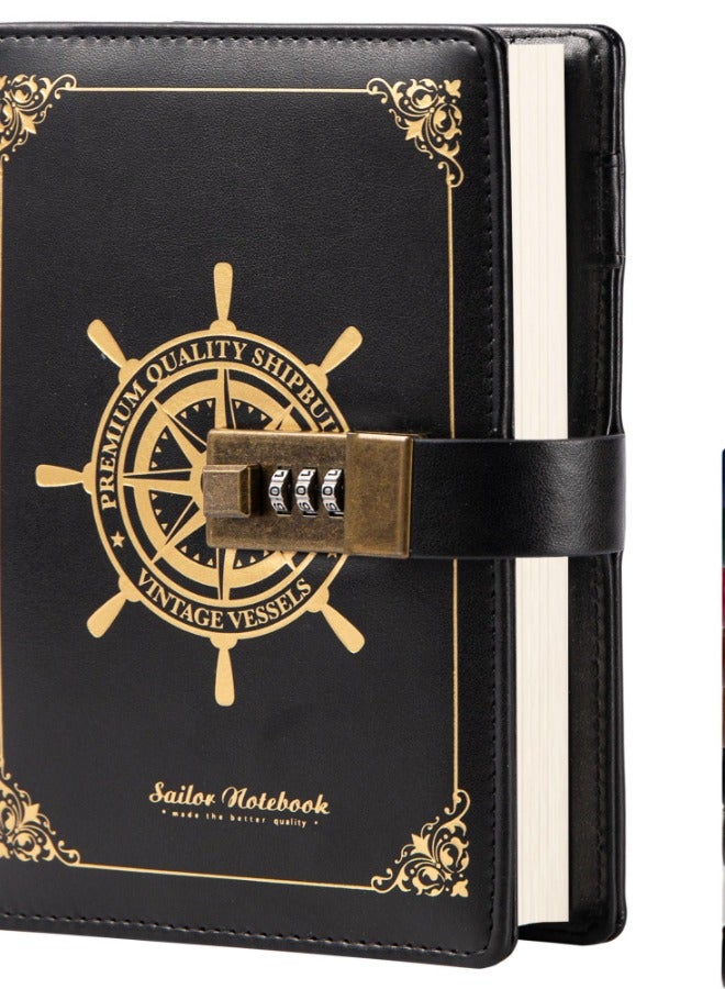 Generic A5 Diary Vintage Leather Diary Diary Notebook Three-Digit Combination Lock Creative Stationery (Black)  - Image 1