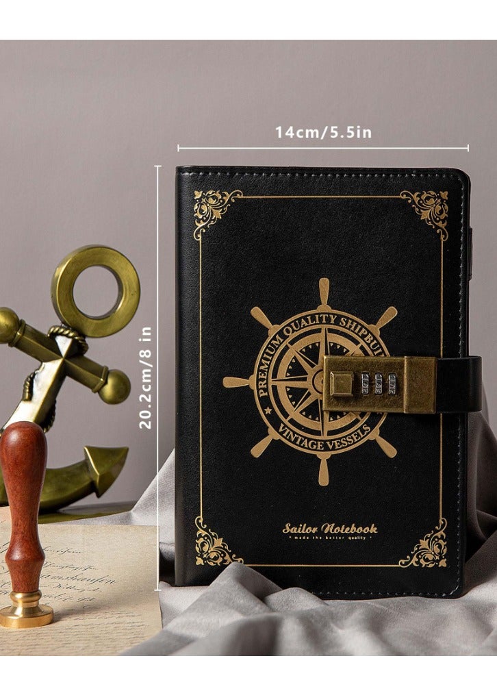 Generic A5 Diary Vintage Leather Diary Diary Notebook Three-Digit Combination Lock Creative Stationery (Black)  - Image 2