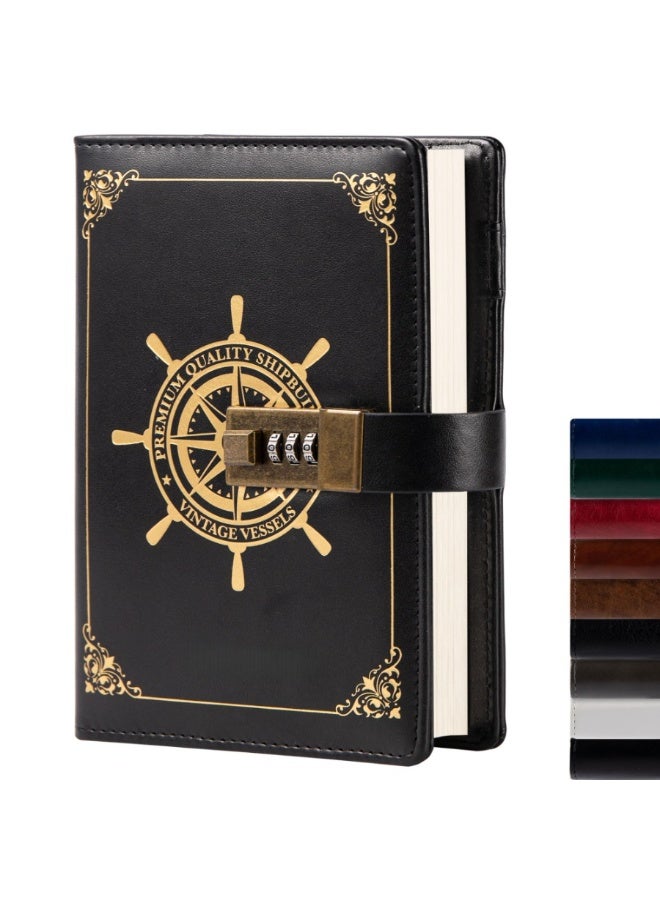 Generic A5 Diary Vintage Leather Diary Diary Notebook Three-Digit Combination Lock Creative Stationery (Black) - Image 1