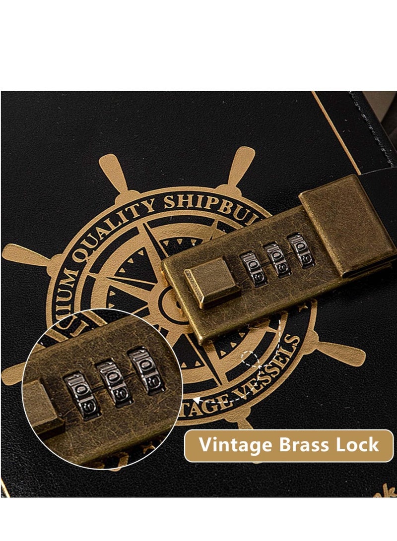 Generic A5 Diary Vintage Leather Diary Diary Notebook Three-Digit Combination Lock Creative Stationery (Black) - Image 3