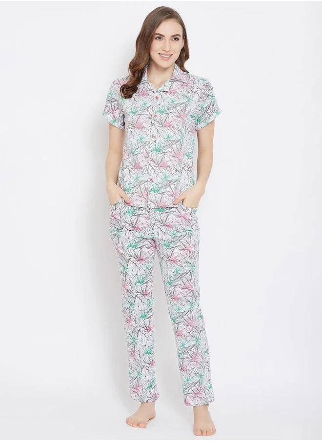 Clovia Cotton All Over Print Shirt & Pyjama Set