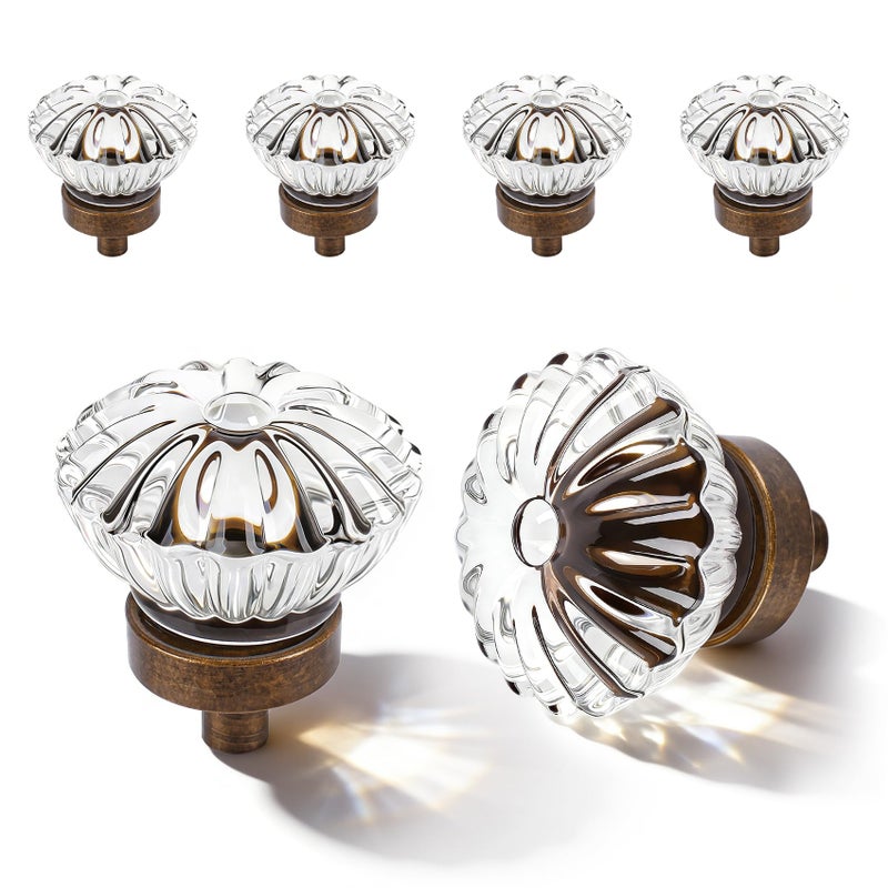 CEYMIO Crystal Cabinet Knobs Cabinets Knob, 4 Pack Flower Antique Brass Vintage Glass Clear Crystal Small Pull for Closet Dresser Drawers Cupboard, Retro Pulls Old Style Bronze Drawer Handle - Image 1