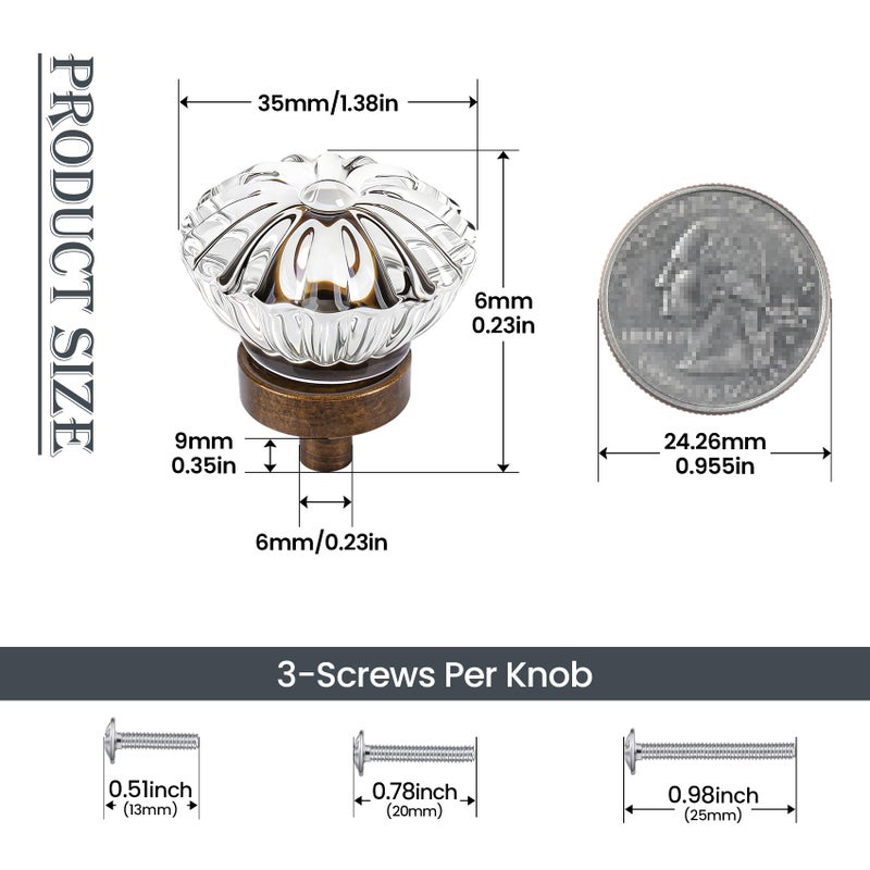 CEYMIO Crystal Cabinet Knobs Cabinets Knob, 4 Pack Flower Antique Brass Vintage Glass Clear Crystal Small Pull for Closet Dresser Drawers Cupboard, Retro Pulls Old Style Bronze Drawer Handle - Image 3