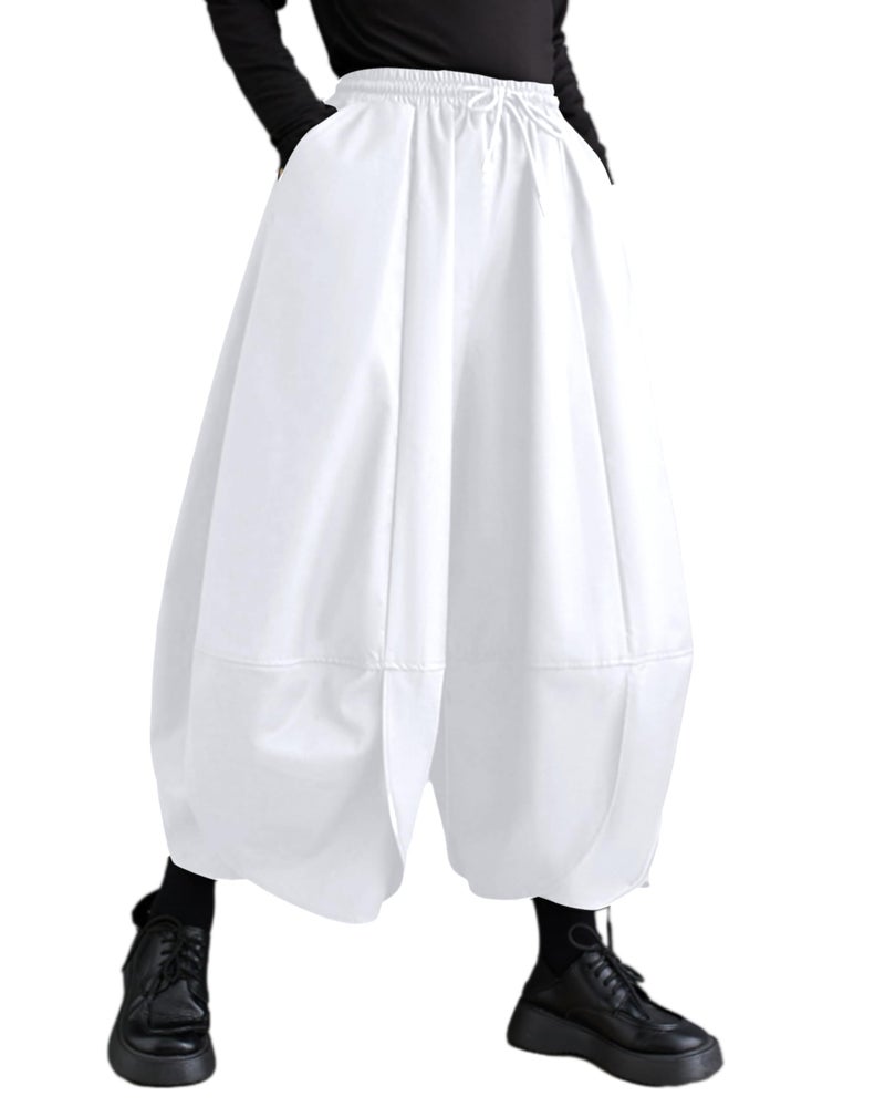 ellazhu Women's Puffy Drawstring Elastic Waist Drop Crotch Hakama Harem Balloon Wide Leg Pants GZ81 White - Image 5