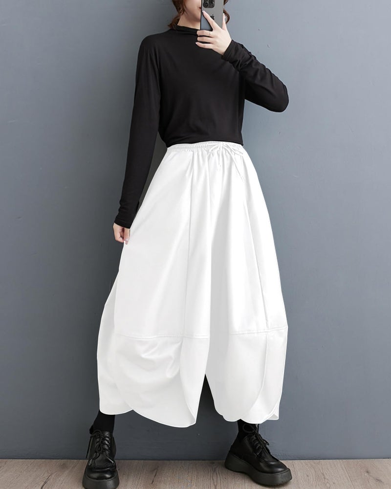 ellazhu Women's Puffy Drawstring Elastic Waist Drop Crotch Hakama Harem Balloon Wide Leg Pants GZ81 White - Image 3