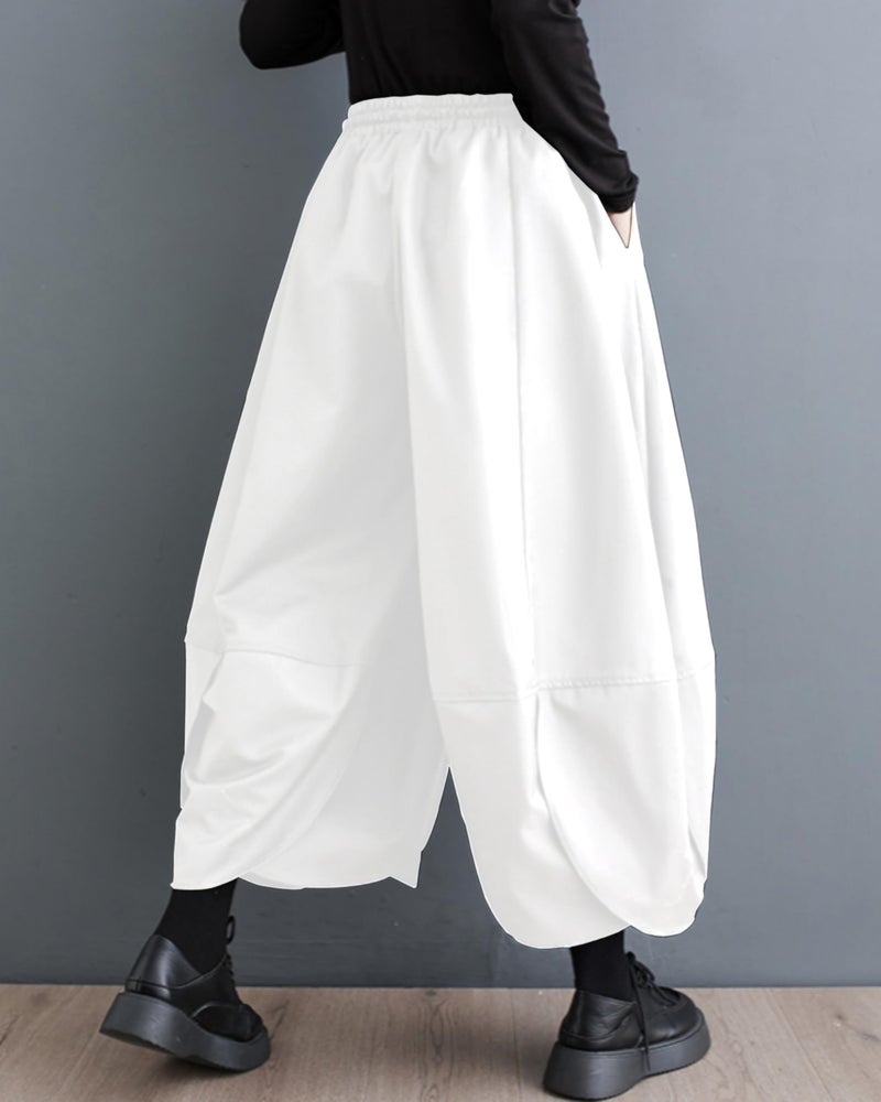 ellazhu Women's Puffy Drawstring Elastic Waist Drop Crotch Hakama Harem Balloon Wide Leg Pants GZ81 White - Image 2