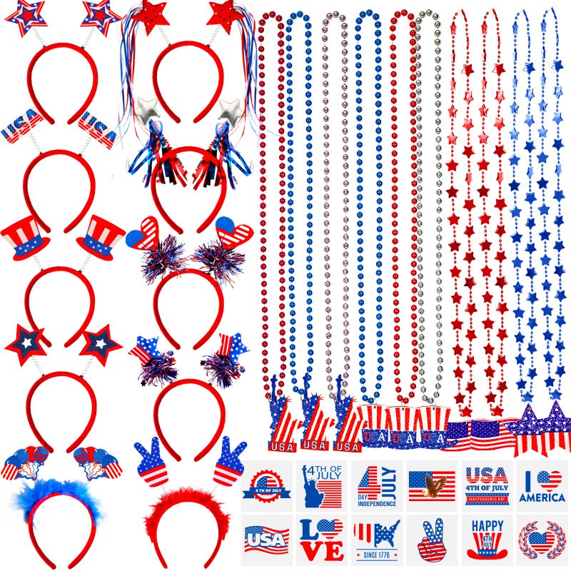 Garma 4th of July Accessories Party Supplies 92Pcs Fourth of July Party Favors with Headbands Necklaces Tattoo Stickers for Independence Day Patriotic Celebrations Parades Classroom Rewards for Kids - Image 2