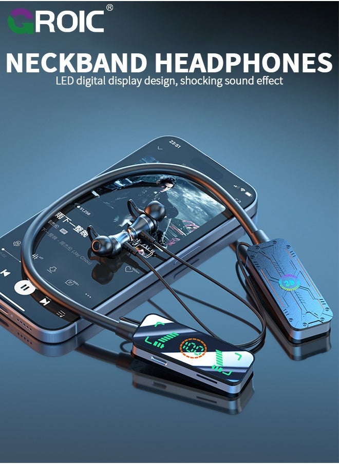 GROIC Hanging Neck Bluetooth Headset, Wireless Sound Card Live Streaming Earphones, Waterproof Bluetooth Wireless Headset with Display for Phone or Tablet  - Image 2