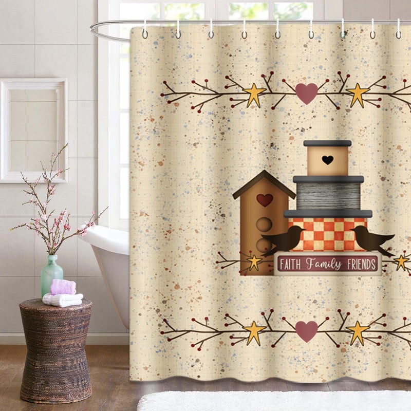 Semtomn Shower Curtain Waterproof Polyester Fabric 72 x 72 inches Heart Primitive Faith Family Friend Country Pip Berry Birdhouse Set with Hooks Decorative Bathroom Curtains