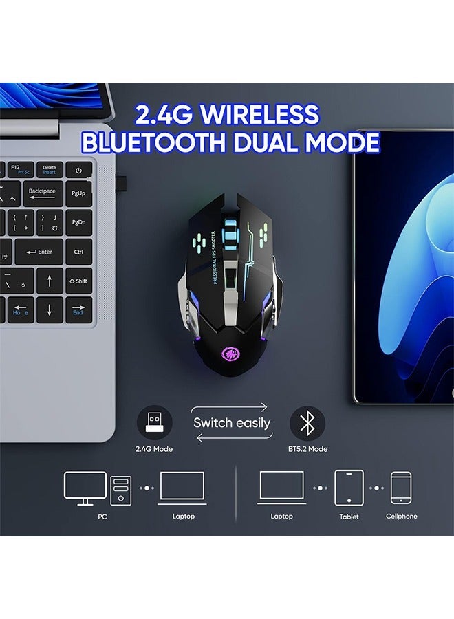 Silent Wireless Bluetooth Gaming Mouse, 2.4GHz Rechargeable Silent Bluetooth Wireless Mouse for Gaming/Work, Computer Mice with USB Receiver，7-Color Backlight, 6 Buttons，Black - Image 2