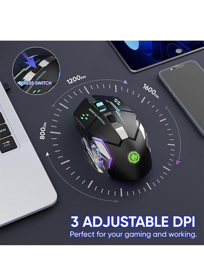 Silent Wireless Bluetooth Gaming Mouse, 2.4GHz Rechargeable Silent Bluetooth Wireless Mouse for Gaming/Work, Computer Mice with USB Receiver，7-Color Backlight, 6 Buttons，Black - Image 4