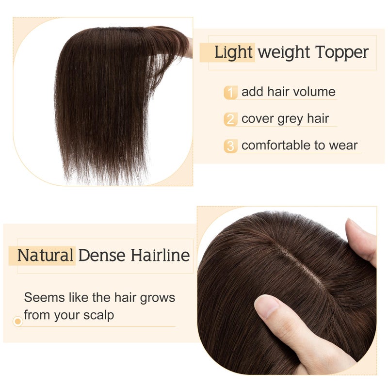 SEGO Hair Toppers for Women Real Human Hair With Bangs, 7 * 13CM Silk Base 100% Remy Human Hair Clip in Top Wiglet Hairpieces Add Volume -6 Inch Dark Brown - Image 3