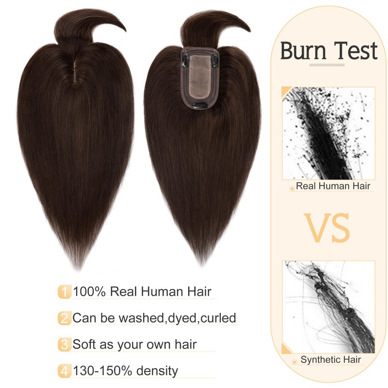 SEGO Hair Toppers for Women Real Human Hair With Bangs, 7 * 13CM Silk Base 100% Remy Human Hair Clip in Top Wiglet Hairpieces Add Volume -6 Inch Dark Brown - Image 2