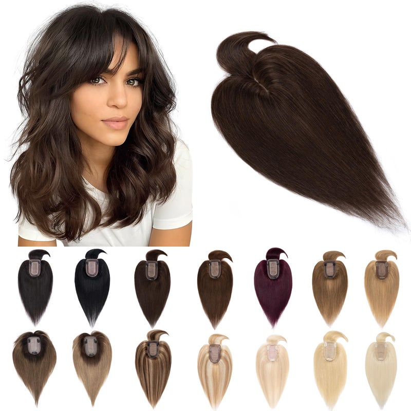 SEGO Hair Toppers for Women Real Human Hair With Bangs, 7 * 13CM Silk Base 100% Remy Human Hair Clip in Top Wiglet Hairpieces Add Volume -6 Inch Dark Brown - Image 1